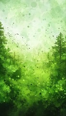 Green Fantasy Misty Coniferous Forest Landscape with Lush Trees and Glowing Particles