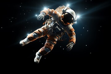 Astronaut floats in dark space, illuminated by spotlights.