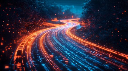 Semi-truck on a glowing digital highway, surrounded by vibrant data streams, representing the future of smart logistics and technological progress.