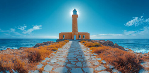 Lighthouse towers by the sea. Light shines brightly from a coastal lighthouse on a sunny day by the sea