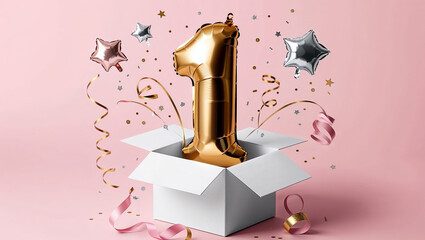 Golden number one balloon exploding from surprise gift box with confetti and stars