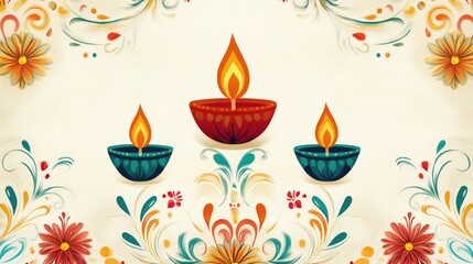 A lively Diwali-themed vector with textured patterns of glowing diyas, swirling floral designs, and geometric rangoli shapes. The illustration is focused on the bottom, with the upper area blank