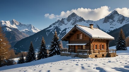 A charming wooden chalet nestled in a winter landscape, surrounded by snow-covered mountains and evergreen trees, radiates warmth and coziness against a crisp blue sky