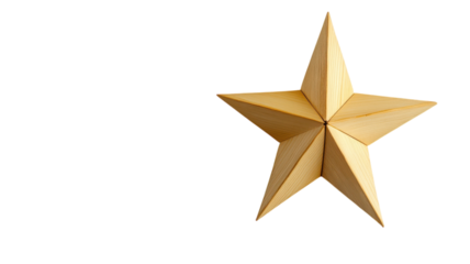 Three-dimensional wooden star decoration with distinct edges displayed against a transparent background.