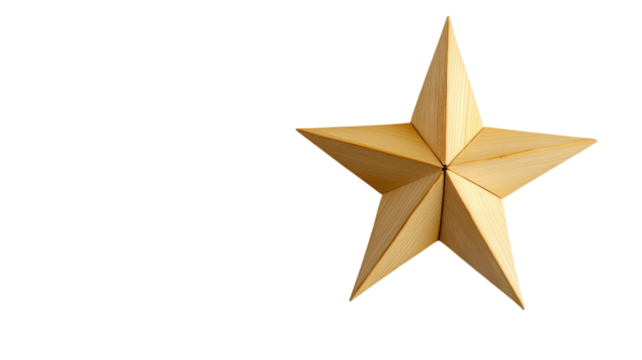 Three-dimensional wooden star decoration with distinct edges displayed against a transparent background. - Powered by Adobe