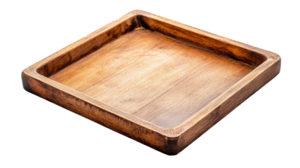 Wooden square serving tray resting on a clean surface ready for food presentation in a home kitchen environment.