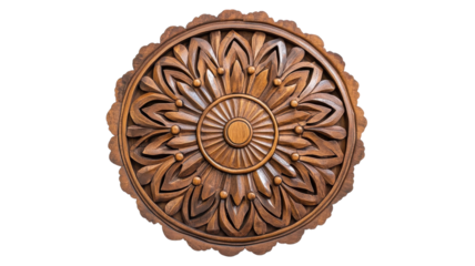 Intricate wooden decorative medallion showcasing floral patterns with a central circle and detailed carving design.
