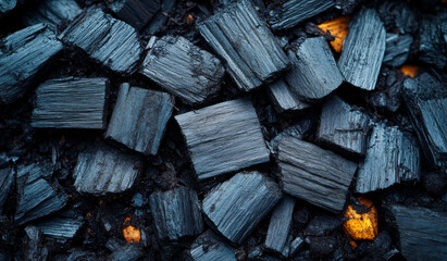 Glowing charcoal providing heat. Charcoal pieces glowing in a warm barbecue fire during evening cooking session