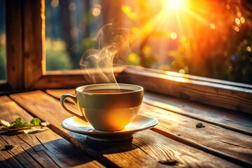 Obraz premium Golden sunlight streams through a window, illuminating a teacup; high depth of field captures cozy tea time.