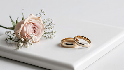 Two golden wedding rings and a pink rose resting on a white surface