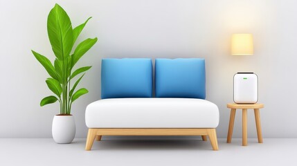 A modern living space featuring a minimalist sofa with blue cushions, a potted plant, a lamp, and a stylish air purifier.