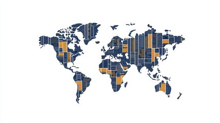 Obraz premium A stylized world map featuring colorful blocks, representing data or resources across different regions.