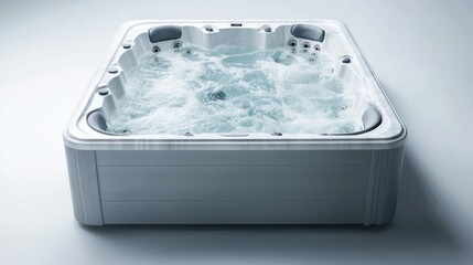 A rectangular hot tub with an elegant design, placed against a clean white background. The tub is filled with sparkling water, vigorous jets, and frothy bubbles in constant motion.