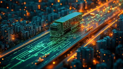 Obraz premium A green logistics truck on a digital map, optimized routes glowing green, symbolizing fuel efficiency and reduced emissions in sustainable transport.