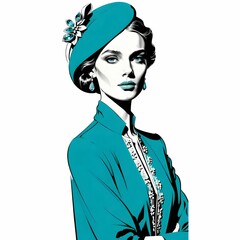 このイラストは、モノクロと青を基調にしたクラシックでエレガントな女性像を描いている。女性は帽子を被り、花の装飾が施されている。襟付きの上品なドレスには繊細な刺繍があしらわれ、清楚で高貴な雰囲気を醸し出している。ポーズは堂々としており、表情には知性と優雅さが表れている。全体のスタイルはヴィンテージを感じさせつつもモダンな印象を与える。