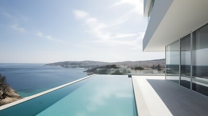 Fototapeta premium Modern infinity pool overlooking ocean and coastal landscape.
