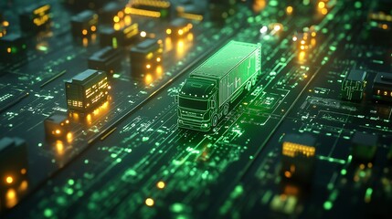 A green logistics truck on a digital map, optimized routes glowing green, symbolizing fuel efficiency and reduced emissions in sustainable transport.