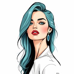 このイラストは、青みがかった長いウェーブヘアの女性を描いている。鮮やかな赤いリップと、シャープな目元が印象的で、エレガントかつモダンな魅力を放っている。ホワイトのトップスがクリーンで洗練された印象を与え、顔の表情と髪色が際立つ構成となっている。