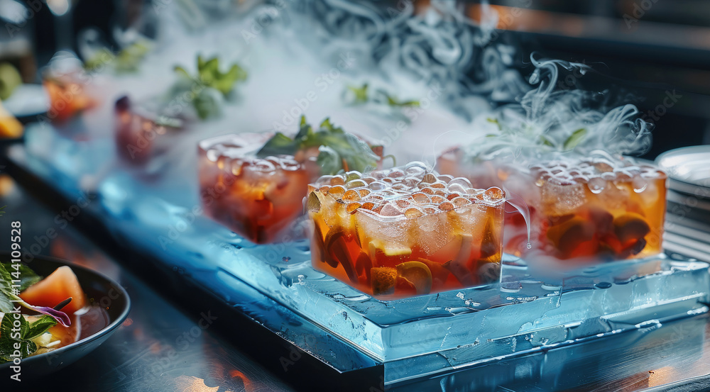 Poster A table with buffet appetizers placed on rectangular stands, the serving is decorated with smoke from liquid nitrogen. On the table there is a large rectangular ice floe with a bizarrely.