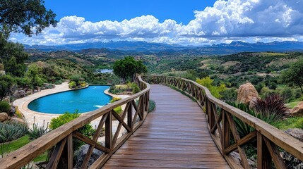 Fototapeta premium Wooden walkway overlooking scenic pool and mountain vista.