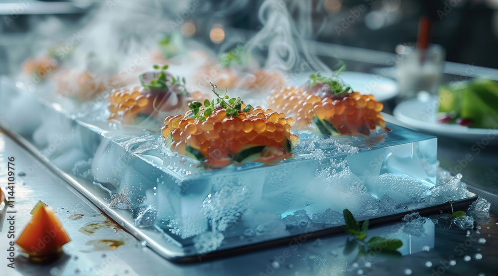 Poster A table with buffet appetizers placed on rectangular stands, the serving is decorated with smoke from liquid nitrogen. On the table there is a large rectangular ice floe with a bizarrely.