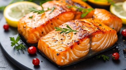 Grilled salmon glisteningly served on a dark platter close-up photo. AI Generated