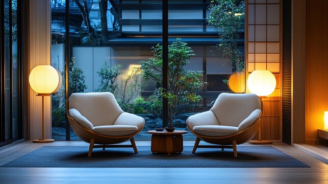 Interior living room two chairs dark theme night time simple focusing minimalistic elegant design creating cozy intimate ambiance ideal modern living room spaces