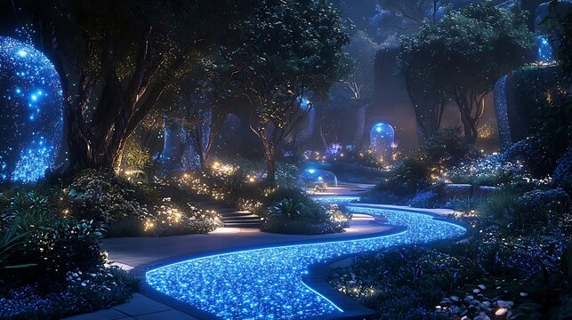 Serene Futuristic Garden with Bioluminescent Plants Automated Irrigation Systems and Illuminated Pathways  A vision of sustainable intelligent
