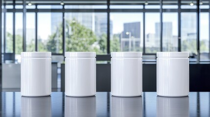Four blank white supplement jars on a table against a city backdrop.