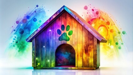 Stylish dog house design, double exposure showcasing paw prints and bones.