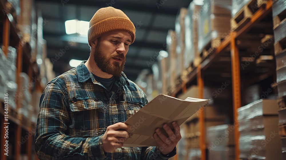 Poster Warehouse packer working a side gig learning about EITC credits from a community guide Stock Photo with side copy space