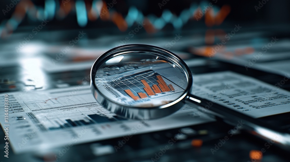 Poster magnifying glass hovering over financial documents with bar graphs and analytical data, symbolizing 
