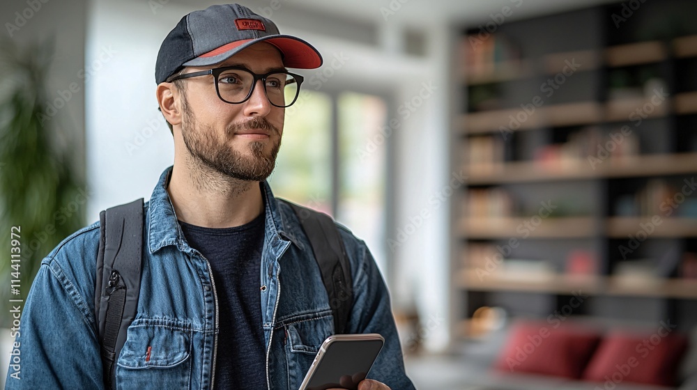 Poster Handyman reviewing EITC benefits while recording gig payments on a smartphone app Stock Photo with side copy space