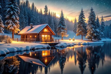 Fototapeta premium Warm lights glow in a snowy lakeside cabin, a winter night's cozy scene.