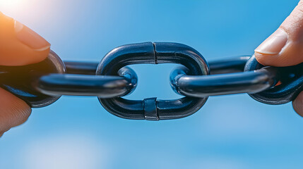 A pair of hands severing a chain link to symbolize the breaking free concept