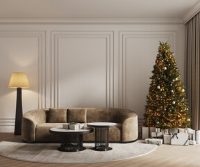 Christmas interior of a classic living room with a sofa, a green Christmas tree, decorations, a coffee table, gifts on the wall