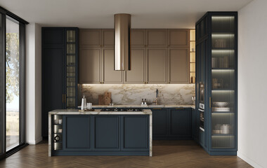 Luxury kitchen interior in a classic style with blue beige facades, a large kitchen island  and metal hood