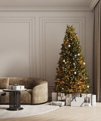 Christmas living room interior with beige corduroy sofa, green Christmas tree decorated with toys on empty background. 3D rendering 