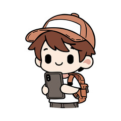 a cartoon picture of a boy holding a phone with a hat on it.