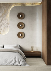 Close-up view of a large bed with white bedding, decorative wall, round sconces, wooden bedside table, against a backdrop of a rocky wall and travertine floor. 3D illustration