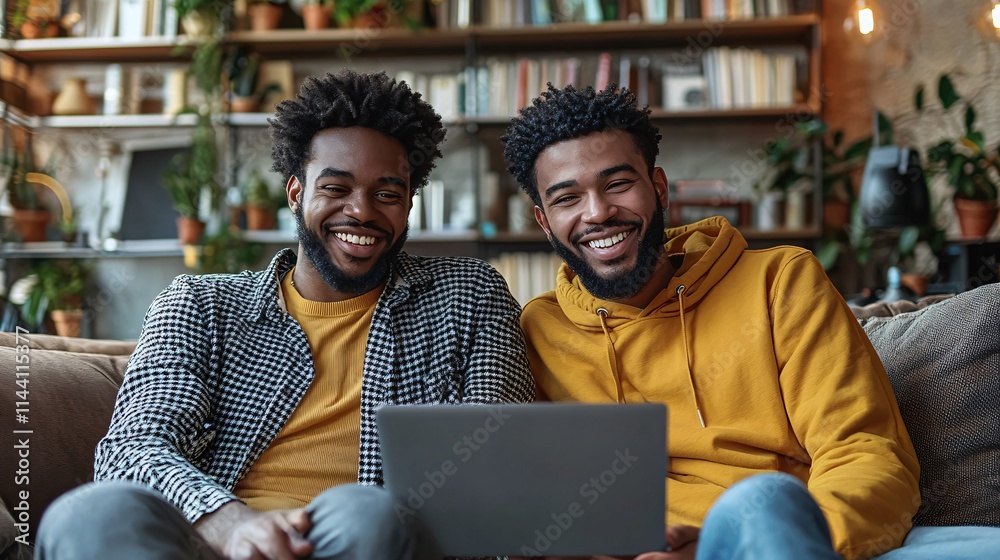 Poster Freelancer discussing tax challenges with a peer while reviewing EITC online resources Stock Photo with side copy space