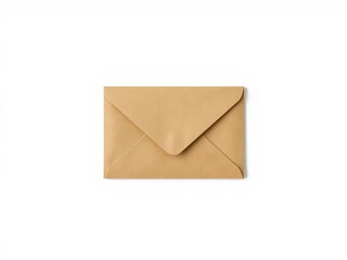 A plain brown envelope sits centrally on a stark white background, mail, overhead shot, message