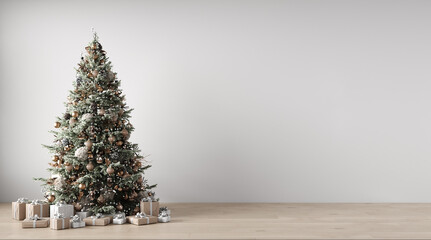 Christmas tree with decorations, gifts, garlands on a background of an empty white wall, parquet on the floor. 3d render 3d illustration