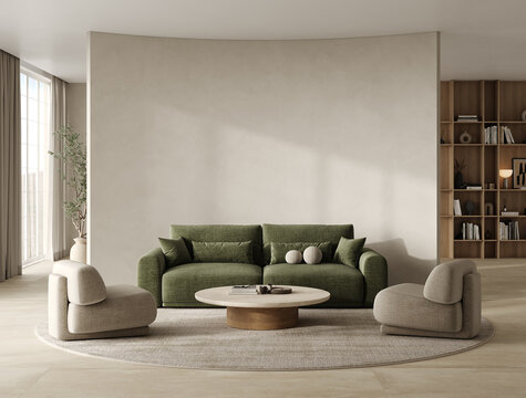 Modern living room interior with lots of space, partition in the living room with green sofa, armchairs, coffee table with decor on a round carpet, and a shelf on the background. 3d rendering. 