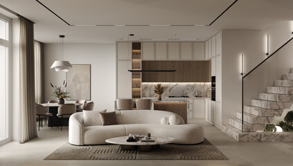 House in a modern style, warm beige interior with large windows, with a marble staircase, a light sofa, a beige kitchen with a kitchen island, a round dining table.