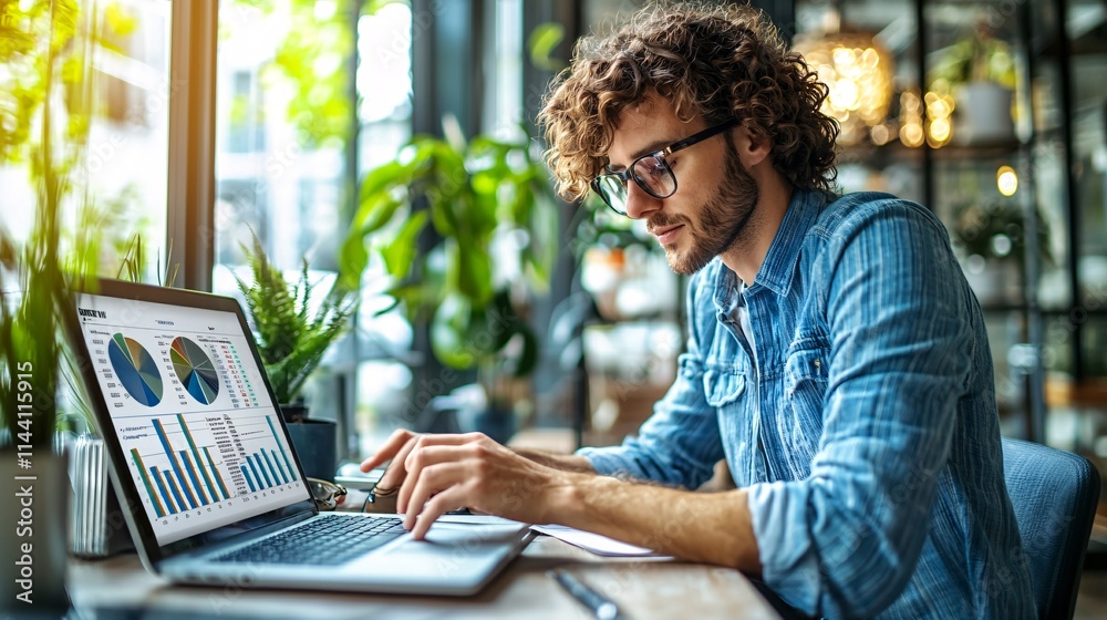 Poster accountant reviewing spreadsheets on a laptop while preparing compliance reports in an office settin