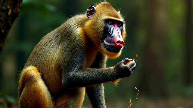 close up of a baboon sitting on a tree