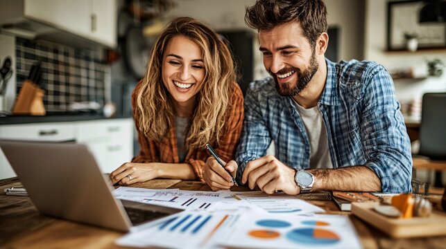 Young couple discussing their monthly budget with charts and documents on a kitchen table symbolizing financial strategy Stock Photo with side copy space