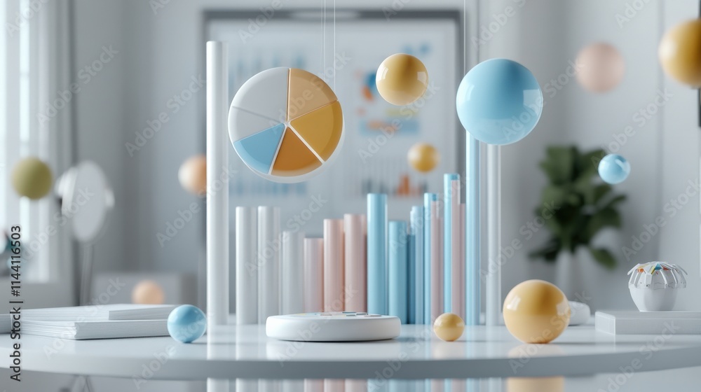 Fototapete Dynamic 3D rendering of pie charts and bar graphs floating above a reflective desk