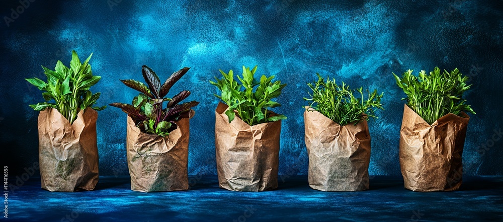 Sticker Five bunches of fresh herbs in brown paper bags on a blue background.